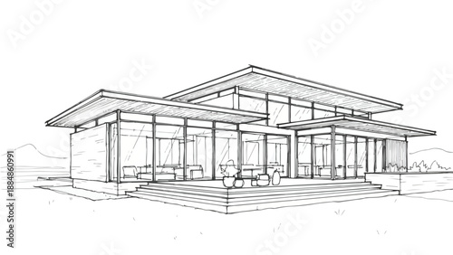Modern single story villa with flat roof sketch