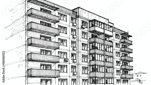 Modern high rise apartment building with balconies