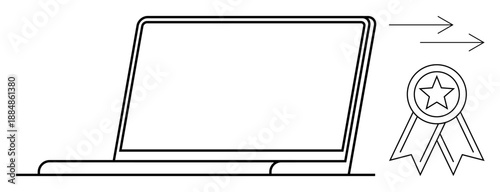 Certification, excellence, technology, online learning, standards, e-commerce. Minimal laptop with arrows and star badge. Certification and excellence concept for education and technology
