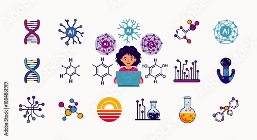 AI and Science Research Concept: Woman on laptop amidst DNA, chemical structures, and AI symbols. Digital innovation in biology, chemistry, and technology.
