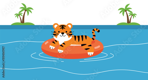 A cute cartoon tiger relaxing on an inflatable ring in a swimming pool with palm trees in the background.