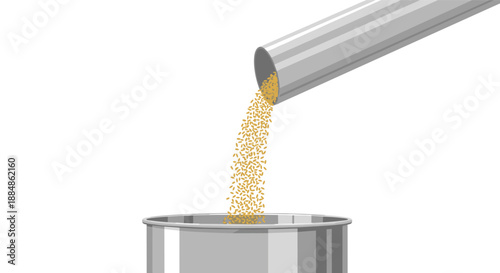 Grains or pellets being poured from a metal chute into a metal container.