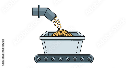 A conveyor belt system transferring grains or pellets into a large industrial container.