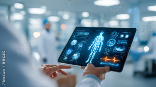 Medical professional uses advanced digital tablet with futuristic human body scan and vital statistics to analyze health data in modern clinical environment
