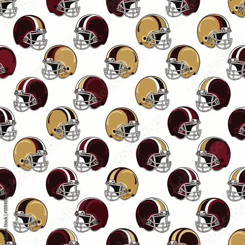 Dynamic seamless pattern showcasing American football helmets in classic maroon and gold, perfect for sports backgrounds, fan gear, and textile designs.