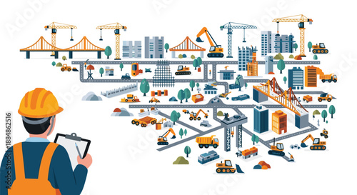A construction worker with a clipboard surveys a sprawling cityscape of buildings, bridges, cranes, and vehicles, indicating urban development.
