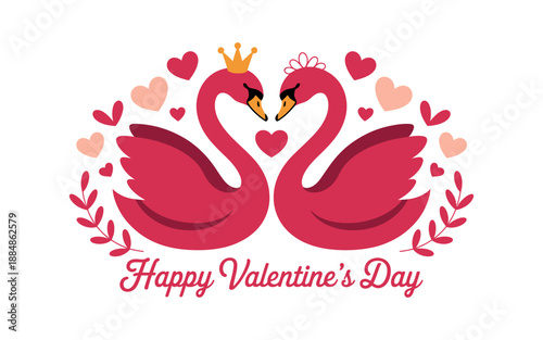 A festive illustration of two pink swans surrounded by hearts and leaves on Valentine's Day