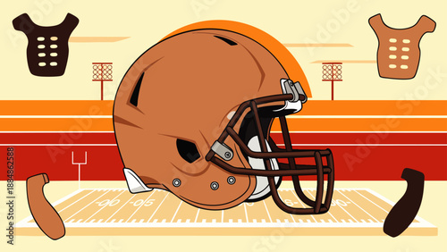 Dynamic illustration featuring a brown American football helmet on a stylized field with goalposts, surrounded by athletic pads, ready for intense sports action.