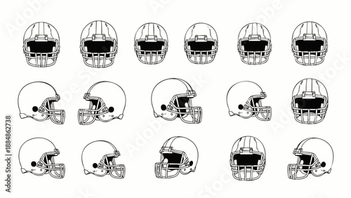 Collection of American Football Helmets in Various Angles: Front, Side, and Back Views, Line Art Illustration