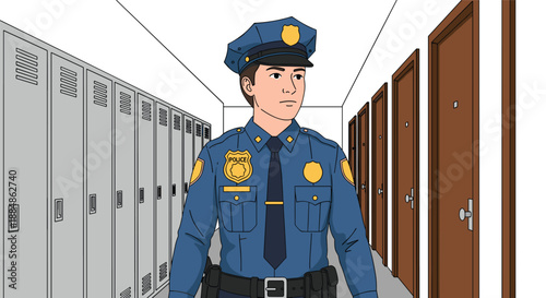 A police officer walks down a school hallway lined with lockers and doors, reinforcing the presence of law enforcement and safety.