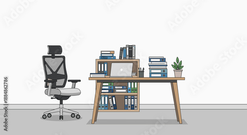 An empty office setup with a desk, chair, and bookshelf filled with binders and books, suggesting a ready workspace.