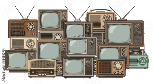 A dense arrangement of vintage televisions and radios, showcasing a collection of retro electronic media devices.