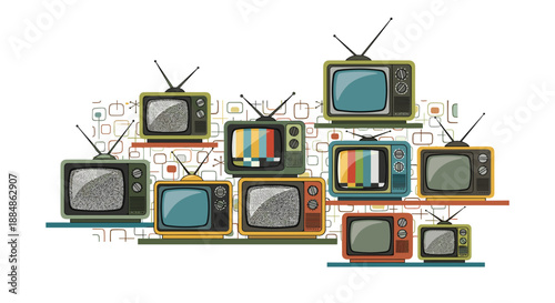 A group of vintage televisions, in various sizes and colors, are arranged artfully, evoking nostalgia for older broadcast technology.