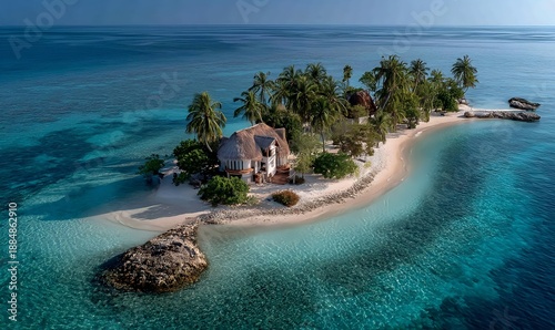 Remote paradise island with lone wooden villa, palm-lined sand, and vibrant turquoise lagoon from aerial view