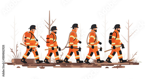 Five firefighters in orange protective gear march single file across a fallen log in a desolate, wooded environment, signifying a rescue or patrol.