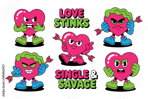A playful illustration of cartoon hearts with angry expressions and Valentine's Day themed phrases