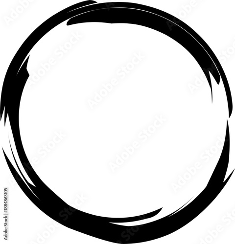 Abstract black circular brush stroke frame isolated on white background. Minimal ink ring design with rough hand-painted texture, perfect for logo template, badge, label, poster, modern branding, zen 