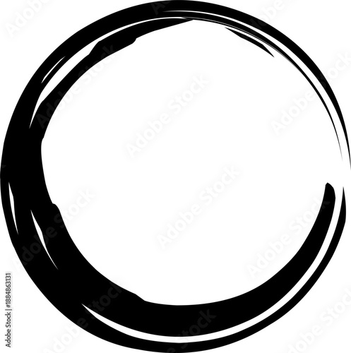 Abstract black circular brush stroke frame isolated on white background. Minimal ink ring design with rough hand-painted texture, perfect for logo template, badge, label, poster, modern branding, zen 