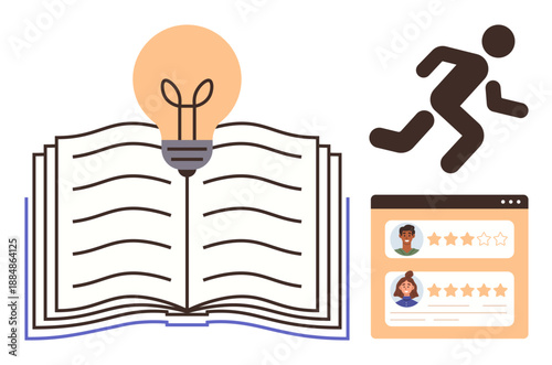 Education, creativity, progress, digital reviews, self-improvement, rating systems. Open book with lightbulb, running figure and star ratings. Education and creativity by book and lightbulb