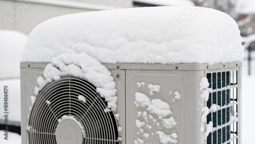 Snow covered condenser unit for HVAC winter maintenance blogs, residential AC unit winterization tips, home heating system energy efficiency, and cold weather operation guides