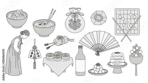 Japanese Cultural Objects and Food Illustration.