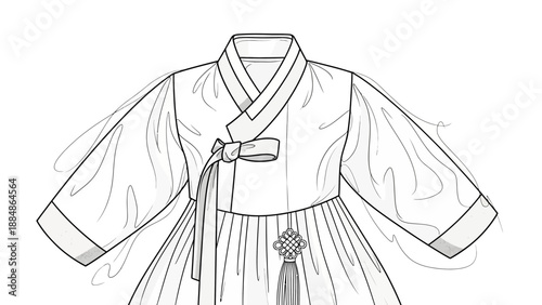 Traditional Korean Hanbok Dress Line Art Illustration.