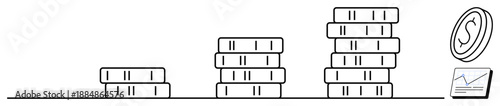 Stacks of coins increasing in height, rising chart, and dollar coin symbolize financial growth, investments, profitability, savings, revenue, success and economic progress. Ideal for finance