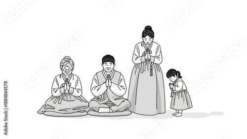 Family Praying Together in Traditional Clothing.