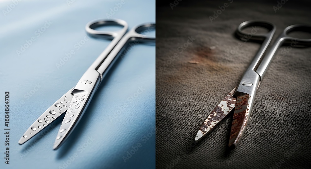 Obraz premium Surgical Scissors - Clean vs. Bloody - A Medical Contrast.