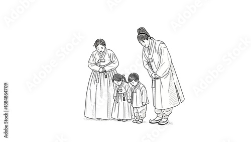 Family Illustration with Father Mother Children.