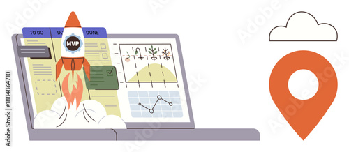 Startup planning, goal setting, project management, business innovation, data analytics, product launch. Rocket blasting off from a laptop with charts and location symbol. Startup planning and goal