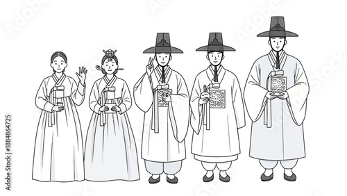 Group of People Wearing Traditional Korean Clothing.