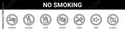 No Smoking web banner icon set collection solid style.