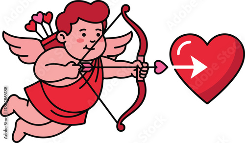 Cartoon cupid with wings and bow and arrow aiming at a heart on Valentine's Day against a clean white background with a playful and romantic mood.