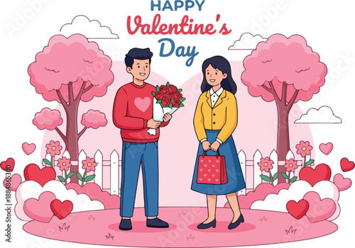 A cartoon man presenting flowers to a woman on Valentine's Day with pink trees and hearts in the background, conveying a romantic mood.