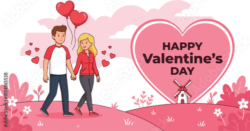 Illustration of a romantic couple walking hand in hand on a pink path with heart balloons and flowers, celebrating Valentine's Day on a whimsical background.