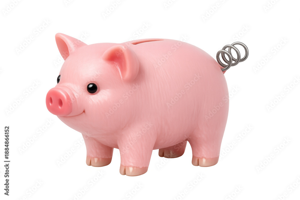 Fototapeta premium Pink piggy bank with a winding key mechanism representing saving money, finance, and investment, transparent background