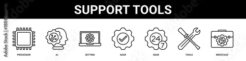 Support Tools web banner icon set collection solid style.