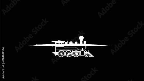 Minimalist white outline of a classic steam train on a black background. Vintage locomotive transportation icon illustration.