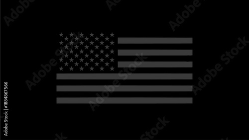 Dark monochrome United States flag on a black background, minimalist grayscale graphic symbol of patriotism, freedom, and national identity.