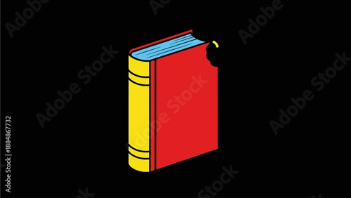 Vibrant red book illustration with yellow spine and blue pages, featuring a bite mark. Stylized graphic on black background.