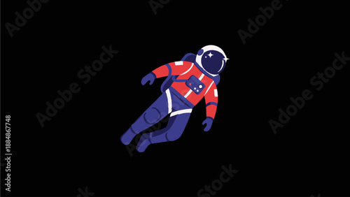 Cartoon vector illustration of a spaceman in a suit floating in outer space. Astronaut exploring the cosmos, black background.