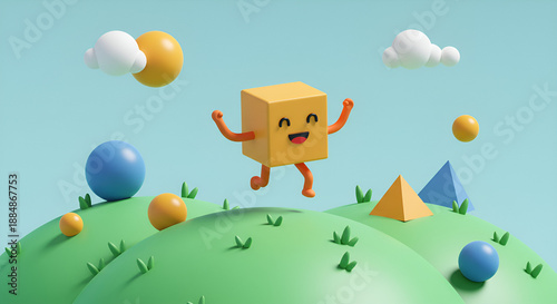 Cute 3D cube character jumping on a green hill with geometric shapes and blue sky, colorful minimal style, perfect for creative concepts, education, kids design, and playful visuals.