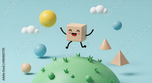 Cute 3D cube character jumping on a green hill with geometric shapes and blue sky, colorful minimal style, perfect for creative concepts, education, kids design, and playful visuals.