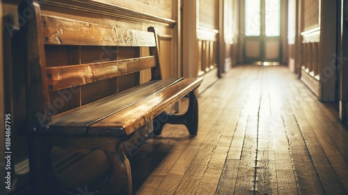 A photo of a simple wood bench in a hallway.