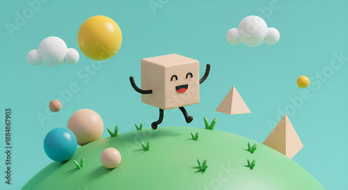 Cute 3D cube character jumping on a green hill with geometric shapes and blue sky, colorful minimal style, perfect for creative concepts, education, kids design, and playful visuals.