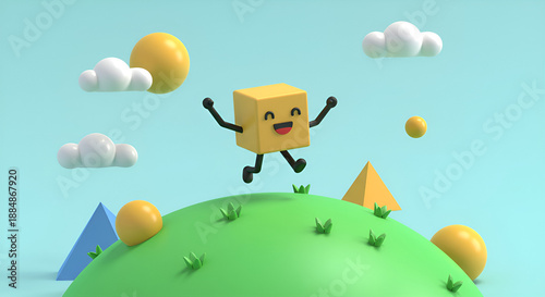 Cute 3D cube character jumping on a green hill with geometric shapes and blue sky, colorful minimal style, perfect for creative concepts, education, kids design, and playful visuals.