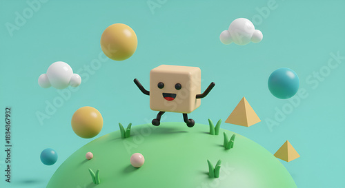 Cute 3D cube character jumping on a green hill with geometric shapes and blue sky, colorful minimal style, perfect for creative concepts, education, kids design, and playful visuals.