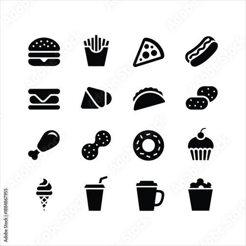 Fast Food Snacks and Junk Food Icon Set