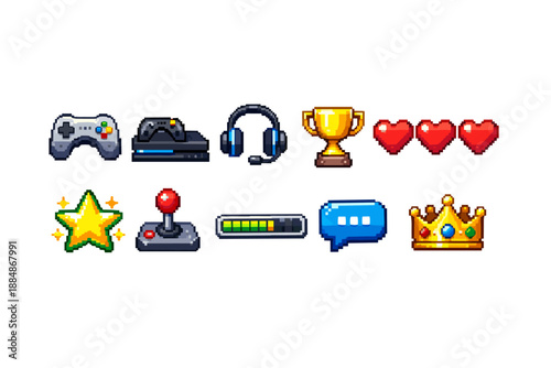 Gaming pixel art icon set. Classic video game items in pixel style collection